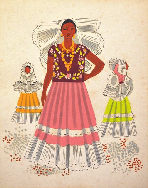 Miguel Cobarrubias (México). "Untilted Tehuanas de Oaxaca, México". Ink on Paper. 1940. Mexico People, Jorge Gonzalez, Ephemeral Art, Ballet Folklorico, Mexico History, Heavy Metal Art, Fashion Illustration Vintage, Mexico Art, Mexican Artists