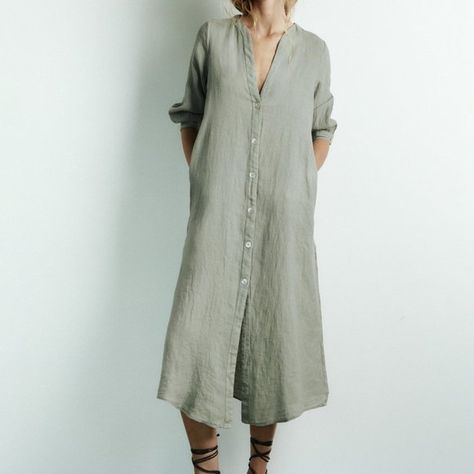 NWT Zara Linen Tunic Dress Zara Linen Dress, Cream Linen Dress, Round Collar Dress, Modest Dressing, Fashion Modest, Linen Tunic Dress, Linen Tunic, Work Clothes, Elbow Length Sleeve