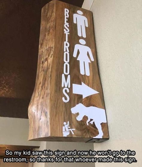 Jurassic Park Bathroom, Dinosaur Bathroom, Park Bathroom, Humour Funny, Jurrasic Park, Restroom Sign, Morning Funny, Rustic Wooden Sign, Bathroom Sign