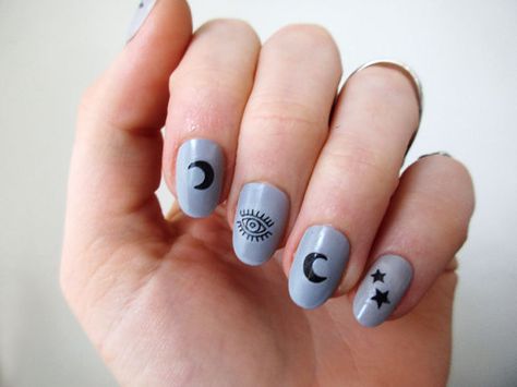 Moon, stars and eyes nail tattoos / nail decals / nail art / moon tattoo / moon phase nail art / moon jewelry / boho nails / festival Nail Art Moon, Nail Tattoos, Tattoo Moon, Boho Nails, Waterslide Nail Decals, Moon Nails, Art Moon, Cute Nail Art Designs, Nail Tattoo