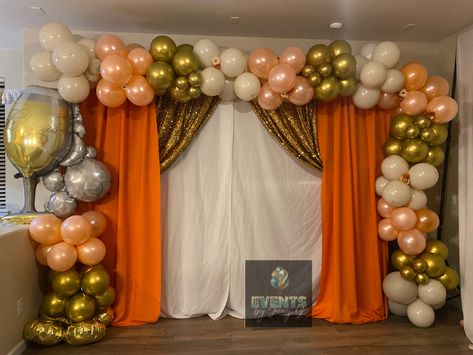 Orange Backdrop Ideas, Yellow Gold Curtains, Diy Christmas Tags, Balloon Bouquet Diy, Creative Backdrops, Dinner Party Decorations, Simple Birthday Decorations, Sweet 16 Decorations, Gold Backdrop