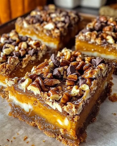 Pumpkin Cheesecake Heaven Bars - Easy Fall Dessert Recipe Heaven Bars, Cream Cheese Squares, Cookie Butter Bars, Fall Dessert Recipes Easy, Cheese Squares, Pumpkin Cheesecake Bars, Fall Desserts Easy, Eat Me Drink Me, Pumpkin Desserts