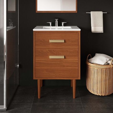 Cassia 24" Teak Wood Bathroom Vanity Cabinet (Sink Basin Not Included) - Bed Bath & Beyond - 39308805 Teak Wood Bathroom, Bathroom Sink Dimensions, 36" Vanity, 36 Bathroom Vanity, Mid Century Modern Bathroom, Mid Century Bathroom, Bathroom Vanity Cabinet, Wood Bathroom Vanity, Sink Basin