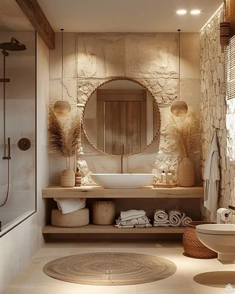 Wabi Sabi Toilet, Sabi Wabi, Coastal Bathroom Design, Boho Style Interior, Toilet Room Decor, Living Room Mantel, Mediterranean Interior, Boho Bathroom Decor, Bathroom Design Luxury