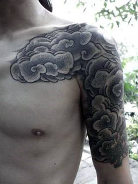 Cloud Male Half Sleeve And Chest Tattoo With Dotwork Design Shoulder Sleeve Tattoo, Half Sleeve Tattoos Color, Japanese Cloud Tattoo, Cloud Tattoos, Cloud Tattoo Sleeve, Cloud Tattoo Design, Unique Half Sleeve Tattoos, Shoulder Sleeve Tattoos, Tattoo Sleeve Filler