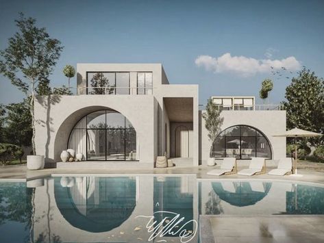 Unique Villa Design, Modern Mediterranean Facade, Organic Modern House Exterior, Emirati Architecture, Emirati House, Organic Modern Architecture, Bloxburg Villa, Mediterranean Architecture Modern, White Modern House Exterior