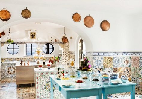 Positano, Italy - The clean whites and vivacious hand-painted tile work at Villa Treville are deliciously inspired. The Positano hotel is an irresistible getaway. Elevated kitchen appliances and accessories bring whimsy and decadence to mealtime. Amalfi Coast Villa, Mediterranean Interior, Mediterranean Villa, Mediterranean Architecture, Positano Italy, Amalfi Coast Italy, Cob House, Mediterranean Decor, Travel Spots