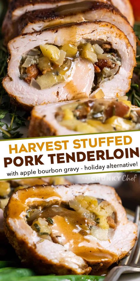 This Stuffed Pork Tenderloin with Apple Bourbon Gravy is the perfect alternative to a huge turkey on your holiday menu! Juicy pork wrapped around a sweet and savory filling made from apples, onions, bacon and herbs, roasted, then smothered in an apple cider bourbon gravy that is out of this world delicious. #pork #tenderloin #holiday #stuffed Thanksgiving Pork Recipes, Cranberry Apple Stuffed Pork Tenderloin, Gourmet Pork Recipes, French Onion Stuffed Pork Loin, Pork Loin Recipes Stuffed, Savory Apple Dishes, Fall Pork Tenderloin Recipes, Stuffed Pork Tenderloin Recipes, Bourbon Gravy