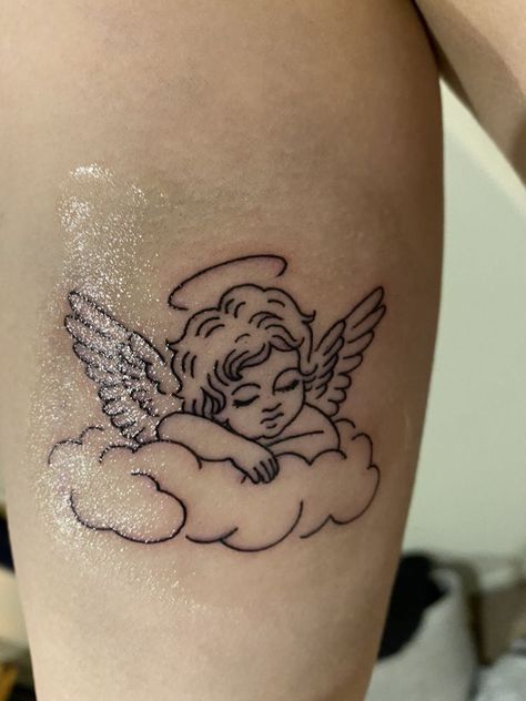 2 Angles Tattoo, Angles Tattoos, Small Cherub Tattoo, Thigh Tats Small, Angel Tatoos, Small Thigh Tattoo, Unique Minimalist Tattoo, Angle Tattoo, Cupid Tattoo