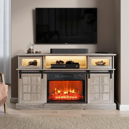 Electric Fireplace Modern, Fireplace Storage, Modern Farmhouse Fireplace, Entertainment Center With Storage, Red Brick Fireplaces, Farmhouse Entertainment Center, Tv Stand With Led Lights, Double Sliding Barn Doors, Bedroom Gray