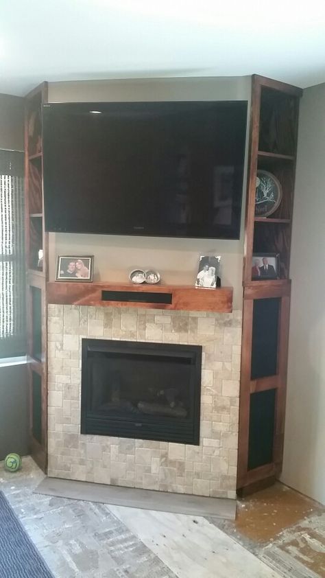 Built In Corner Tv Cabinet With Fireplace, How To Build Corner Fireplace Tv Wall, Corner Fireplace Bookshelves, Corner Fireplace Entertainment Center, Corner Fireplace With Storage, Corner Fireplace With Shelves, Bedroom Corner Fireplace, Diy Corner Fireplace With Tv, Corner Fireplace With Built Ins