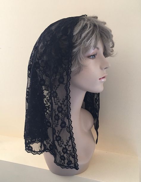 Black Delicate Stretch Lace Floral Mantilla Headcovering Triangle Chapel Veil Ready to Ship! Large: 43 x 20 inches Medium: 40 x 19 inches (pictured) Small: 37 x 18 inches Also available in white in another listing. More styles available at http://www.headcoverings.etsy.com. Did you know that you can send someone an Etsy gift card electronically? Be sure to mention this shop, "headcoverings", in the text box to simplify their shopping experience. https://www.etsy.com/giftcards If you need this by Veil Black, Lace Bonnet, Beautiful Veil, Chapel Veil, Lace Headbands, Black Veil, Text Box, Christmas Delivery, Head Covering