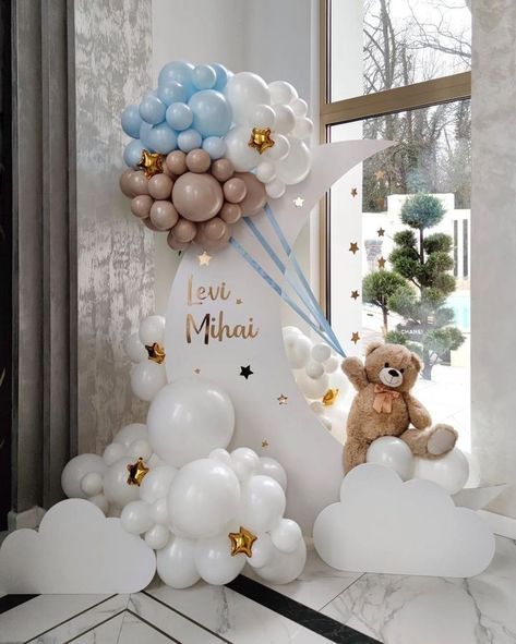 Moon And Stars Balloon Backdrop, Eid Balloon Decorations, Moon Backdrop With Balloons, Diy Moon Backdrop, Baptismal Backdrop, Bear Balloons Decor, Birthday Balloon Backdrop Ideas, Baptismal Decorations Boy Backdrops, Welcome Baby Boy Decoration Ideas