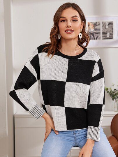 Off The Shoulder Jumper, Plaid Sleeve, Warm Sweater, Winter Color, Drop Shoulder Sweaters, Warm Sweaters, Pattern Sweater, Christmas Winter, Shein Style