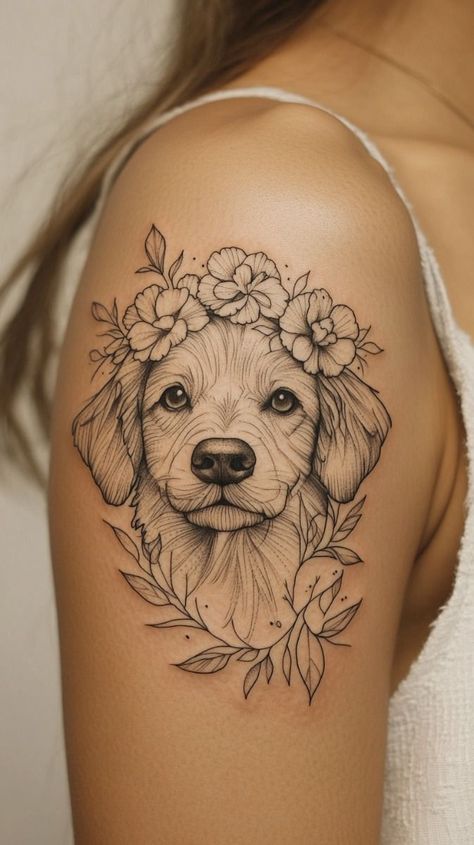 Dog And Floral Tattoo, Dog And Flower Tattoo, Minimalistic Dog Tattoo, Pet Memorial Tattoo Dogs, Memorial Dog Tattoos, Floral Dog Tattoo, Golden Doodle Tattoo, Dog Face Tattoo, Simple Dog Tattoos