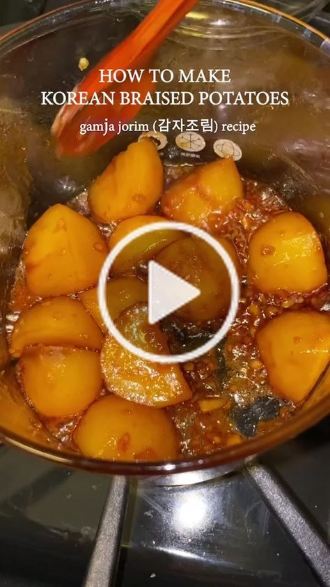 Potato Asian Recipes, Korean Shoyu Potato Recipe, Korean Sweet Potato Recipe, Viral Potatoes, Korean Potato Recipes, Asian Potato Recipes, Gamja Jorim Recipe, Korean Braised Potatoes, White Sweet Potato Recipe