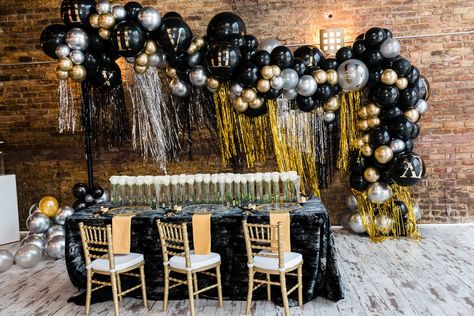 New Year’s Eve Balloons, New Years Eve Balloon Garland, New Years Eve Balloons, New Years Balloon Decorations, New Years Eve Kids Party, New Years Balloon Garland, Kids Nye, Balloon Tassel Garland, Kindergarten Graduation Ideas