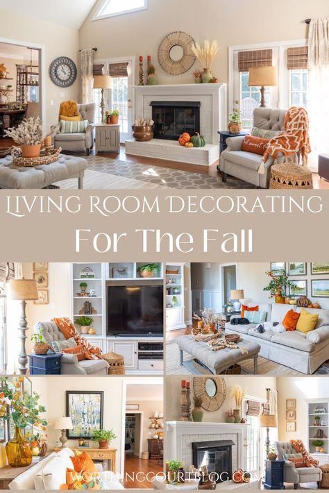 Pinterest graphic for fall living room decor September Living Room Decor, Autumn Home Decor Ideas Living Room, Fall Colors Living Room, Living Room Designs Fall, Fall Living Room Decor Autumn, Coffee Table Fall Decor Ideas, Fall Living Room Decor Warm Colors, Fireplace Fall Decorating Ideas, Fall Mantel Decorating Ideas