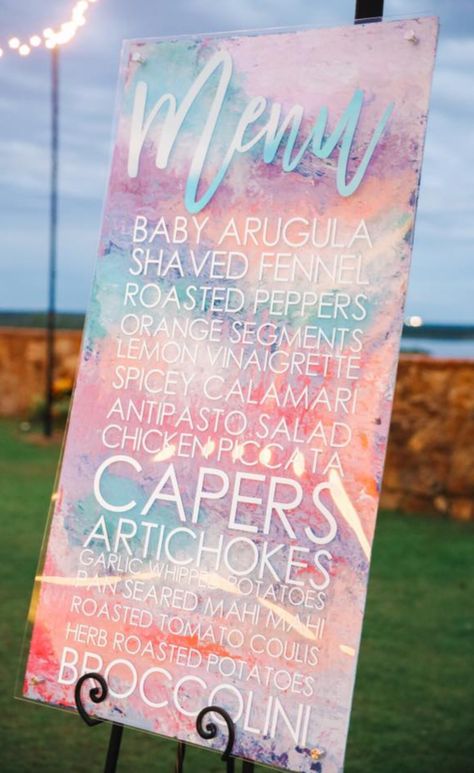 Holographic vinyl on plexiglas over painted wood surface Unicorn Wedding, Iridescent Party, Menu Board, Neon Wedding, Pastel Wedding, Event Ideas, Wedding Signage, Stylish Wedding, Wedding Menu