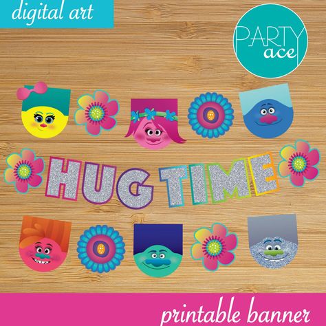 Decorate the Birthday Party with colors! Trolls Hug Time Banner with 6 different trolls #trolls #trollsbirthdayparty #trollspartyideas #kidspartyideas Colorful Birthday Party Decorations, Name Tags Printable, Hug Time, 4de Verjaardag, Note Printable, Trolls Party, Trolls Birthday Party, Colorful Birthday Party, Troll Party