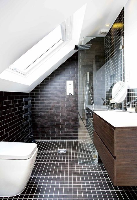 Planning on going up in the world? Be inspired by these clever attic conversion ideas and creative uses of roof space from all around the globe. Bathroom Pitched Roof, Small Loft Bathroom, Loft Bathroom Ideas Sloped Ceiling, Bathroom In The Attic, Loft Conversion Bathroom, Eaves Bathroom, Angled Bathroom, Tiny Attic Bathroom, Loft Bathroom Ideas