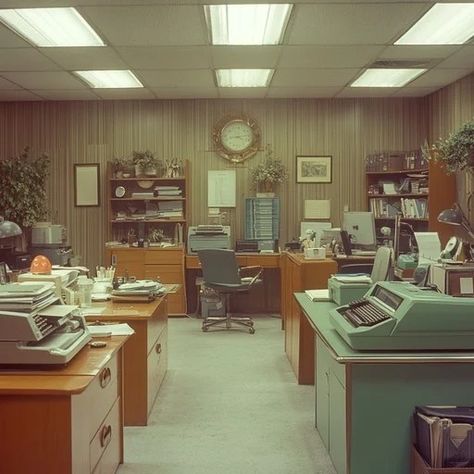 Typical 1950s office interior. Newspaper Office Interiors, 1980s Office Interior, Officecore Aesthetic, 1940s Office, 50s Office, 60s Office, Office Lookbook, 1950s Office, 1970s Office