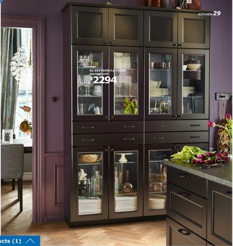 Ikea 2016 SEKTION wall cabinets with LAXARBY black-brown drawer  front, glass doors and MAXIMERA soft-closing drawers $2294 (Eti, you want it in white, only one drawer, and you might need 3 instead of 2 cabinets to feet your space.) Ikea Book, Kitchen Wall Cabinet, Seattle Apartment, Ikea Usa, Ikea Catalog, Cabinet Glass, Modern Kitchen Cabinets, Ikea Kitchen, Glass Cabinet