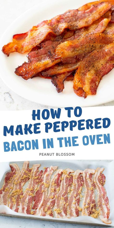 Learn how to bake peppered bacon in the oven with this awesome trick. You can easily turn it into a peppered candied bacon with just one extra ingredient. Sweet or savory bacon for BLT sandwiches or serving with your favorite weekend brunch like pancakes. Bacon With Brown Sugar, Peppered Bacon, Blt Sandwiches, Pepper Bacon, Savory Bacon, Brunch Sides, Peanut Gallery, Bacon Dip, Bacon In The Oven