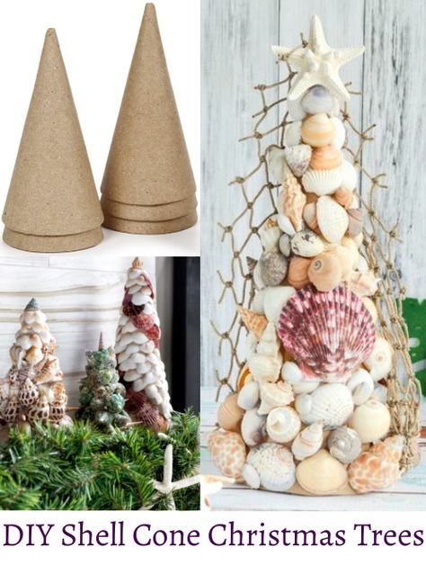 DIY shell cone Christmas trees. Use paper mache cone to make table top Christmas trees. Featured on Completely Coastal. Table Top Christmas Trees, Paper Mache Cone, Make Table, Diy Natal, Seashell Christmas Ornaments, Beach Christmas Decorations, Art Coquillage, Oyster Shell Crafts, Seashell Projects