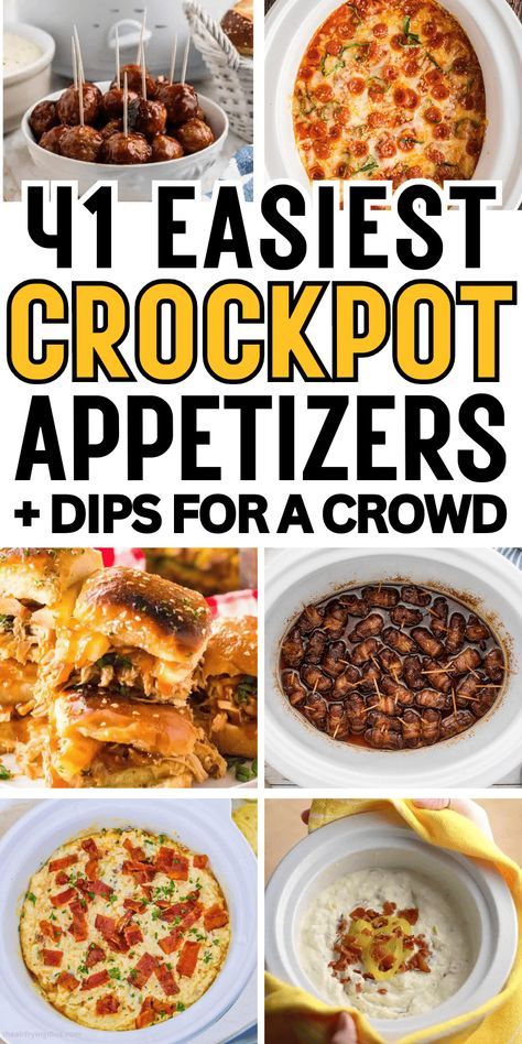 Super easy crockpot appetizers and dips! Crockpot party foods made right in your slow cooker, just dump and go! From meatballs, kielbasa, and sausage appetizers, to cheesy slow cooker party dips like queso and spinach dip, they’re the best potluck appetizers! Crockpot appetizers for party, fall appetizers crockpot, holiday appetizers crockpot, finger foods, make ahead appetizers for a crowd, party food appetizers, crockpot snacks, crockpot dips for parties easy, appetiser recipes, game day food.