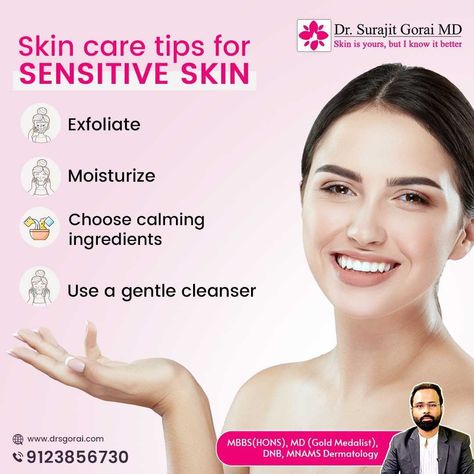 Here are a few quick skincare tips for sensitive skin. Before using any product on sensitive skin, let alone choosing which skincare items to use, it is vital to think everything through carefully. I can assist you in creating a healthy skincare routine by learning about your skin concerns. Call us at: 9123856730 #drsg #drgorai #drsurajitgorai #dermat #dermatology #dermatologist #apollo #apollokolkata #dermatologistinkolkata Tips For Sensitive Skin, Ten Skin, Healthy Skin Care Routine, Laser Hair Reduction, Hotel Ads, Skincare Items, Androgenetic Alopecia, Skin Specialist, Unwanted Hair Removal