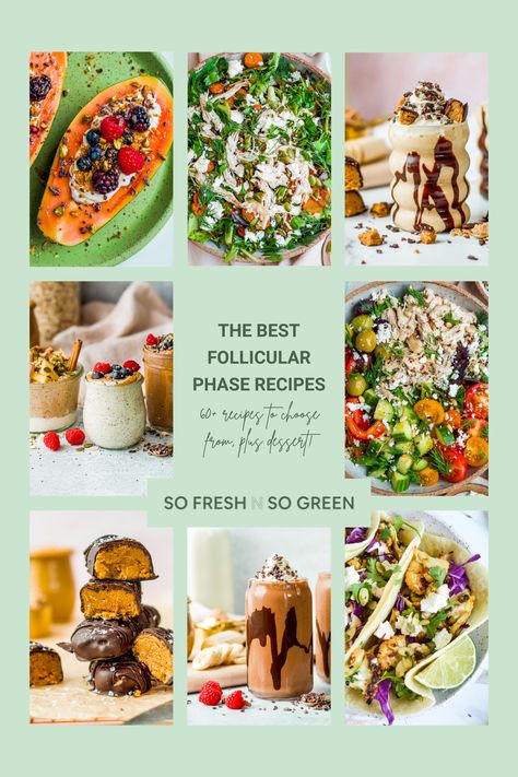 Consuming specific macro and micronutrients during your follicular phase works to support cyclical hormonal fluctuations, helping your body keep rising estrogen levels in check and providing it with the energy it needs as it prepares to release an egg. Not only that, but it lays the foundation to optimize your biology for the phases that follow, mitigating uncomfortable symptoms and empowering you to feel your best the rest of your menstrual cycle. Snacks For Follicular Phase, Follicular Phase Salad, Follicular Phase Lunch, Follicular Phase Snacks, Follicular Phase Foods Recipes, Follicular Recipes, Follicular Phase Meals, Follicular Phase Breakfast, Hormone Cycling