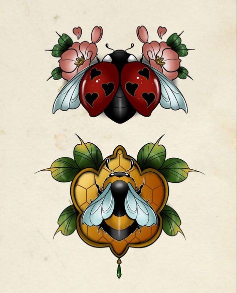 Neotrad Bee Tattoo, Neotraditional Bug Tattoo, Simple Neo Traditional Tattoo, Neo Trad Flash, Best Feminine Tattoos, Candle Tattoo Design, Traditional Tattoo Inspiration, Lady Bug Tattoo, Insect Tattoo