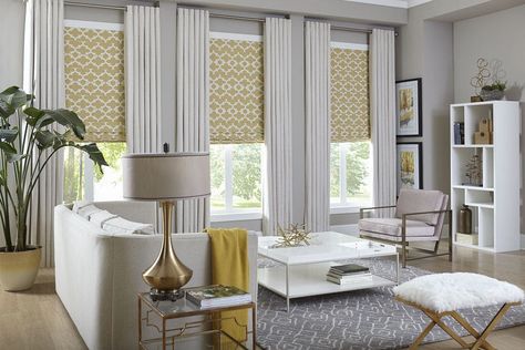 How to Layer Window Treatments | The Blinds.com Blog Curtains And Blinds Together, Blinds And Curtains Together, Curtains Over Blinds, Shutters With Curtains, Layered Window Treatments, Modern Blinds, Bedroom Blinds, Woven Wood Shades, Window Treatments Living Room