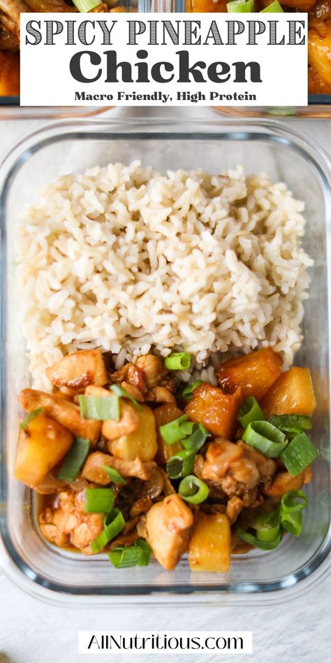 Spicing up your boring chicken meal prep routine can be super easy when you prepare these crazy yummy spicy pineapple chicken meal preps. Make this easy high protein chicken recipe this week and enjoy more flavorful high protein lunches. Pineapple Chicken Meal Prep, Spicy Pineapple Chicken, High Protein Chicken Recipes, Cheap Meal Prep, 400 Calorie Meals, Spicy Pineapple, Cheap Meal, Protein Lunch, High Protein Meal Prep