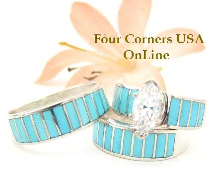 Turquoise Inlay Bride and Groom Wedding Band Engagement Ring Sets Four Corners USA OnLine Native American Jewelry Native American Wedding Rings, Turquoise Wedding Ring Set, Western Wedding Rings, Turquoise Wedding Rings, Types Of Wedding Rings, Turquoise Wedding Band, Native American Wedding, Alternative Wedding Rings, Wedding Ring Styles