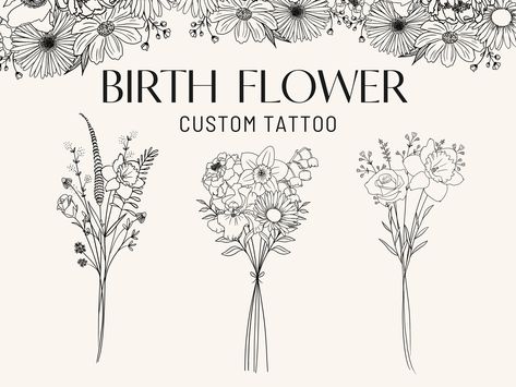 July And August Birth Flower Tattoo, Bouquet Wildflower, Flower Vine Tattoos, Flower Bouquet Tattoo, December Birth Flower, June Flower, Wildflower Svg, July Birth Flower, Stem Style