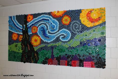 Art Room 104: Finished Bottle Cap Mural: Starry Night! (And what I ... Bottle Cap Mural, Plastic Bottle Cap Crafts, Bottle Top Art, Bottle Cap Projects, Kindergarten Art Lessons, Plastic Bottle Caps, Collaborative Art Projects, Recycled Art Projects, Bottle Cap Art