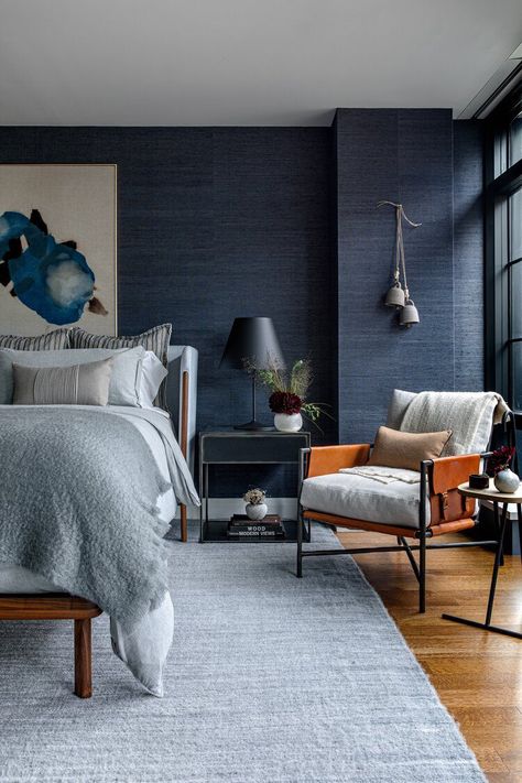 This Designer Gave a Cookie-Cutter NYC Apartment Bedroom Major Personality — Here's How Bedroom Rug Placement, Navy Bedrooms, Alys Beach, Mid Century Modern Bedroom, Modern Scandinavian, Nyc Apartment, Blue Bedroom, Wallpaper Bedroom, Cheap Decor