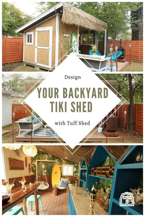 Tiki Bar Shed Ideas, Tiki Hut Ideas Backyards, Tiki Shed Ideas, Shed Entertaining Space, Tiki Yard Ideas, Tiki Shed, Garden Tiki Bar, Bar Sheds Ideas Backyards, Bar Shed Backyard