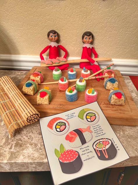 Elf On Shelf Candy Ideas, Elf Eating Candy, Elf Doughnut Ideas, Elf On The Shelf Smarties, Elf On The Shelf Sushi, Elf On The Shelf Slime Ideas, Elf On The Shelf Brownies, Elf On The Shelf Gummy Bears, Elf On The Shelf Ideas Older Kids