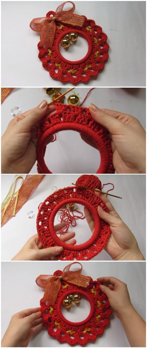 Crochet Wreath Christmas, Weird Crochet, Crochet Christmas Wreath, Crochet Ornament Patterns, Crocheted Christmas, Crochet Wreath, Crochet Xmas, Crochet Christmas Decorations, Crochet Christmas Trees