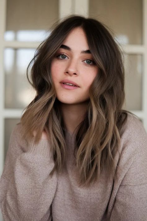 A person with long, wavy brown hair and a soft expression, wearing a beige sweater. Shaggy Layers, Wolf Cuts, Platinum Highlights, Auburn Highlights, Chic Hairstyle, Ash Blonde Highlights, Subtle Balayage, Hair Cut Ideas, Stylish Haircuts