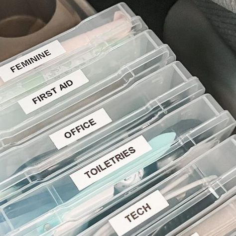 Stephanie Dulgarian || Simple Decor + Organization on Instagram: "A great way to keep your car organized is by using a few plastic photo boxes that fit right inside your console or glovebox. Fill them with various items you might need while out and about, then give everything a label! I cleared out my console, wiped it down, and put 6 organized boxes in, along with a few other helpful things. It’s perfectly organized and easily accessible! COMMENT "Clean Car" and I'll send you the link! Glove Box Organization, Car Organization Ideas, Car Ownership, Decor Organization, Perfectly Organized, Car Console, Clean Car, Practicing Self Love, Car Organization