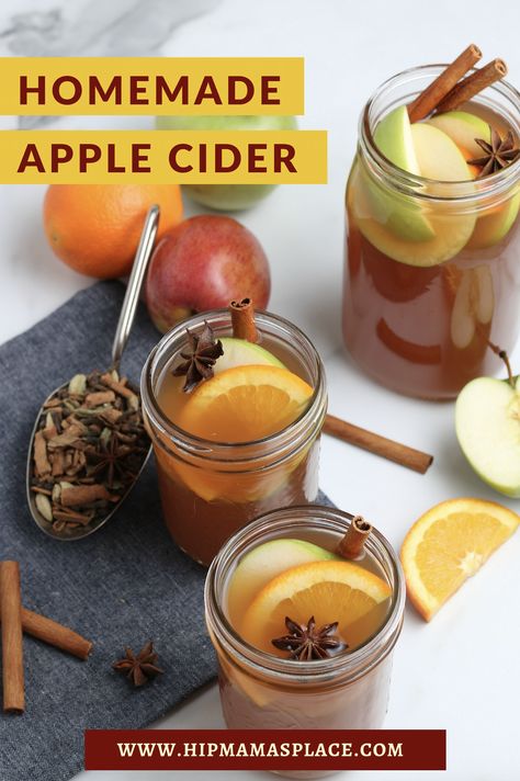 Looking for a recipe for delicious homemade apple cider? Look no further! This hot apple cider recipe is super-easy to make in the Crock-Pot, Instant Pot or on the stovetop. Apples, oranges, warming spices, water and a sweetener of your choice are all that you need to make this Fall favorite comforting drink! #applecider #hotapplecider #homemadeapplecider #falldrink #appledrink #appleseason #fallseason #falldrink #fallrecipes #applerecipes #hipmamasplace Stovetop Apples, Homemade Apple Cider Recipe, Easy Apple Cider Recipe, Hot Apple Cider Recipe, Winter Beverages, Kids Drinks, Autumn Adventures, Apple Drinks, Apple Cider Recipe