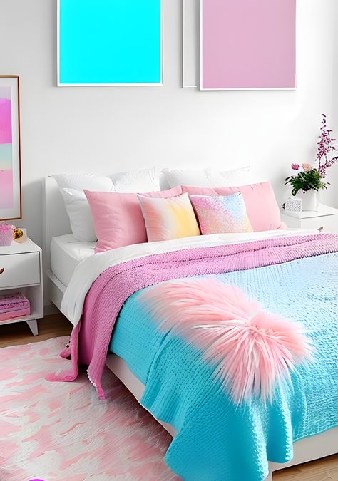 Sky Blue and pink color bedroom in a white background setting. Solid colors and textures throughout the room. Has got a cute and feminine vibe. Small Pink Bedroom, Bedroom Aesthetic Small, Pink Blue Bedroom, Aesthetic Pink Bedroom, Bedroom Aesthetic Pink, Light Pink Rooms, Bedroom Aesthetic Vintage, Pink Bedroom Aesthetic, Blue And Pink Bedroom