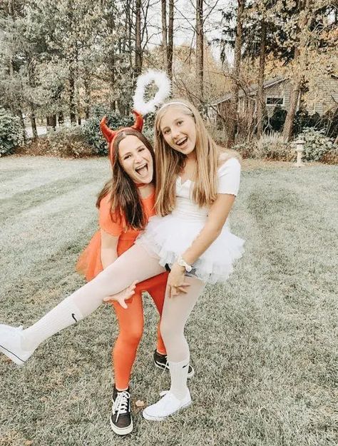 2 Person Halloween Costumes, Two Person Halloween Costumes, Angel And Devil Costume, Best Group Halloween Costumes, Angel Halloween Costumes, Friend Costumes, Cute Group Halloween Costumes, Halloween Costumes For Teens Girls, Matching Halloween Costumes