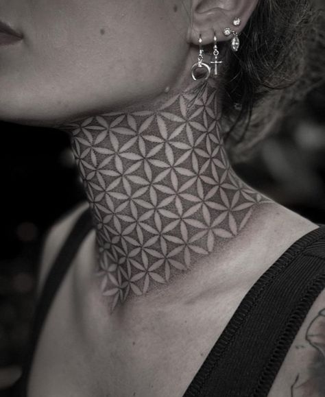 Sacred Geometry Throat Tattoo, Geometrical Neck Tattoo, Flower Of Life Tattoo Neck, Flower Of Life Throat Tattoo, Flower Of Life Filler Tattoo, Geometric Neck Tattoo For Women, Neck Tattoo Filler Ideas, Geometric Throat Tattoo For Women, Sacred Geometry Neck Tattoo