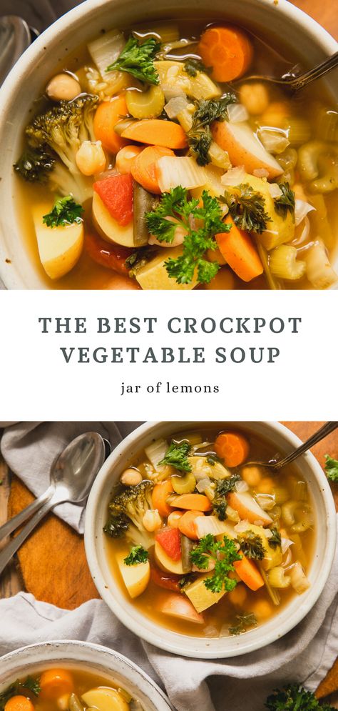 Vegetable Soup Crock Pot Healthy, Veggie Soups In A Crock Pot, Healthy Veggie Crockpot Recipes, Veggie Loaded Crockpot Meals, Soup With Lots Of Vegetables, Vegetable Stock Soup, Nourishing Vegetable Soup, Soup In Crockpot Healthy, Crockpot Turkey Vegetable Soup