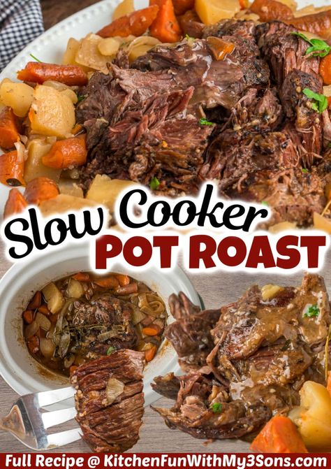 With potatoes, carrots, and onion cooked alongside the chuck roast, this Slow Cooker Pot Roast recipe is an easy comfort food dinner. Just sear the beef and let the slow cooker do the work! Best Slow Cooker Pot Roast, Chuck Roast Crock Pot Recipes, Crock Pot Chuck Roast, Crock Pot Roast, Crockpot Pot Roast, Slow Cooker Pot Roast Recipes, Crockpot Roast Recipes, Pot Roast Crock Pot Recipes, Chuck Roast Recipes